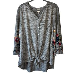 NWT Anthropologie Fig & Flower Cardigan Sweater 3X Gray Marled Embroidered Boho